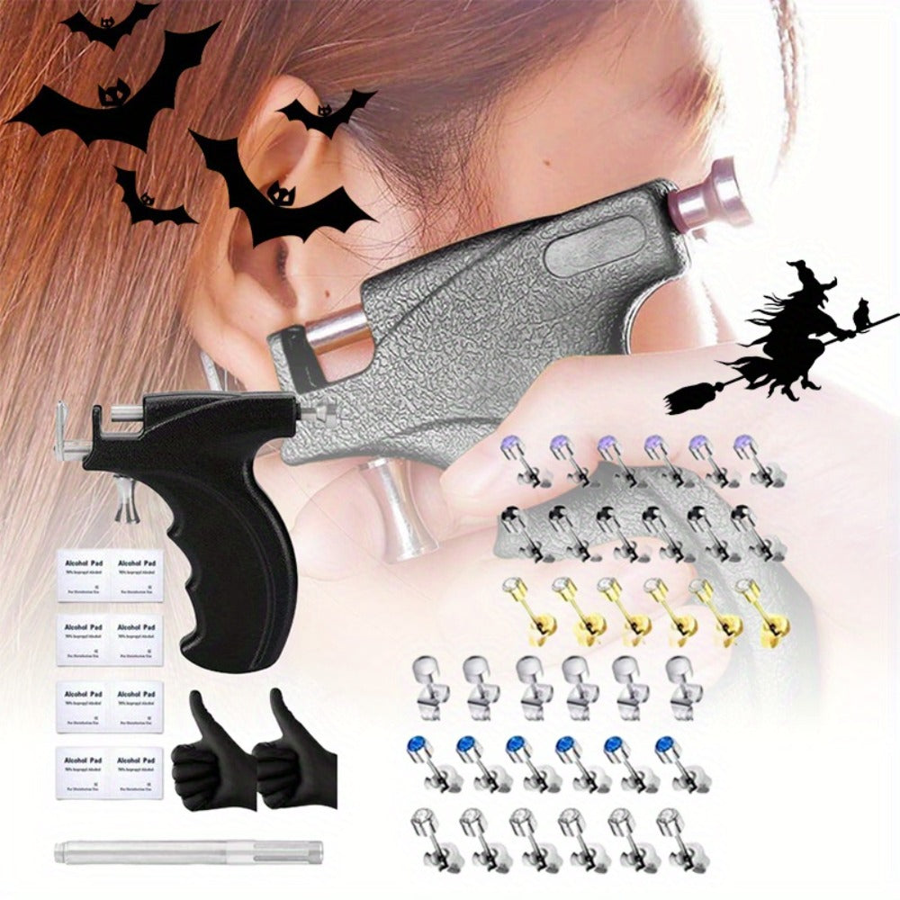 Professional Ear Piercing Kit - 36pcs CZ Diamond & Stainless Steel Stud Earrings with Reusable Piercing Gun, Alcohol Pads, Gloves & Marking Pen for Home and Salon Use