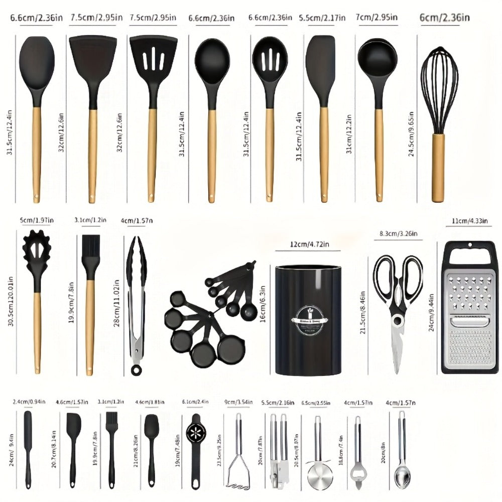 Silicone Cooking Utensils Set 35-Piece with Holder Rack Wooden Handle Heat Resistant Kitchen Tools for Non-Stick Pans ¨C Complete Kitchen Utensil Set in Multiple Colors