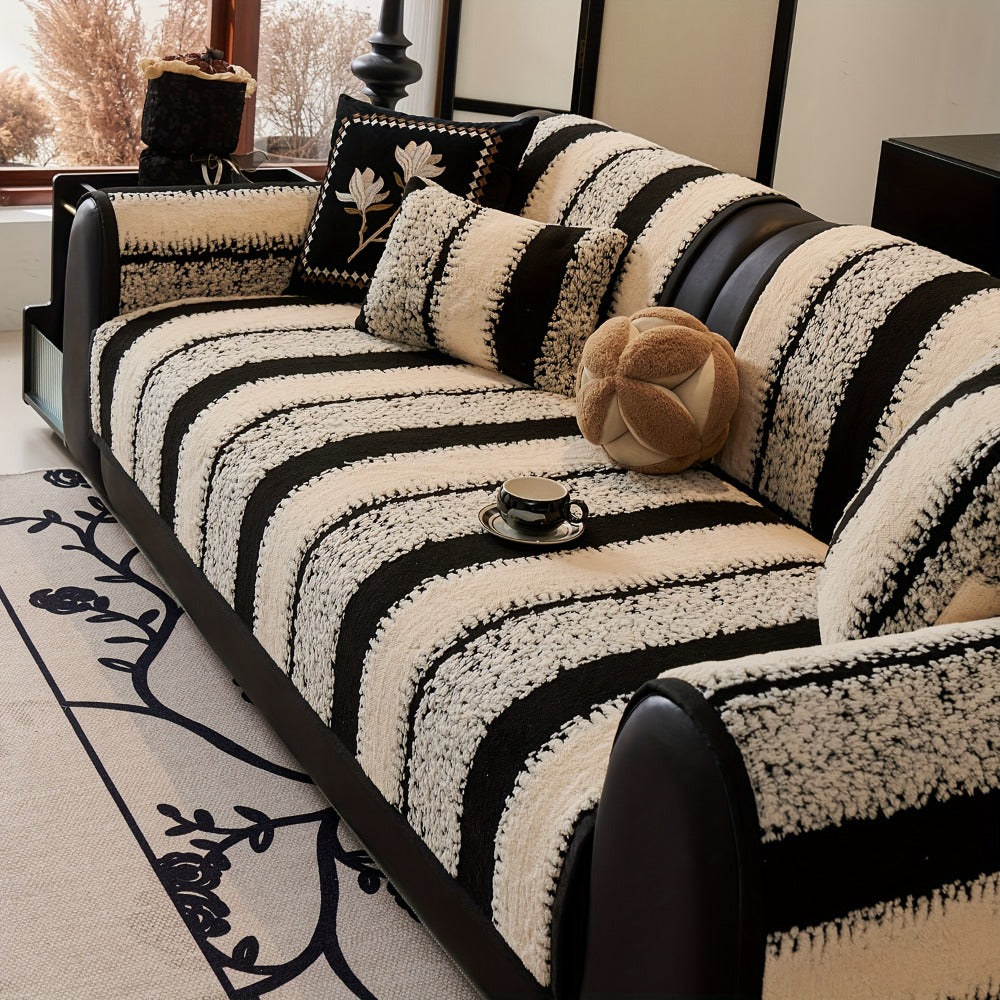 Sofa Cover Plush Jacquard Thick Non-Slip Couch Protector - Pet Friendly Furniture Cover for Living Room Bedroom Office, Machine Washable Retro Style Sofa Slipcover, Loveseat & 4-Seater, Black Grey Green Coffee