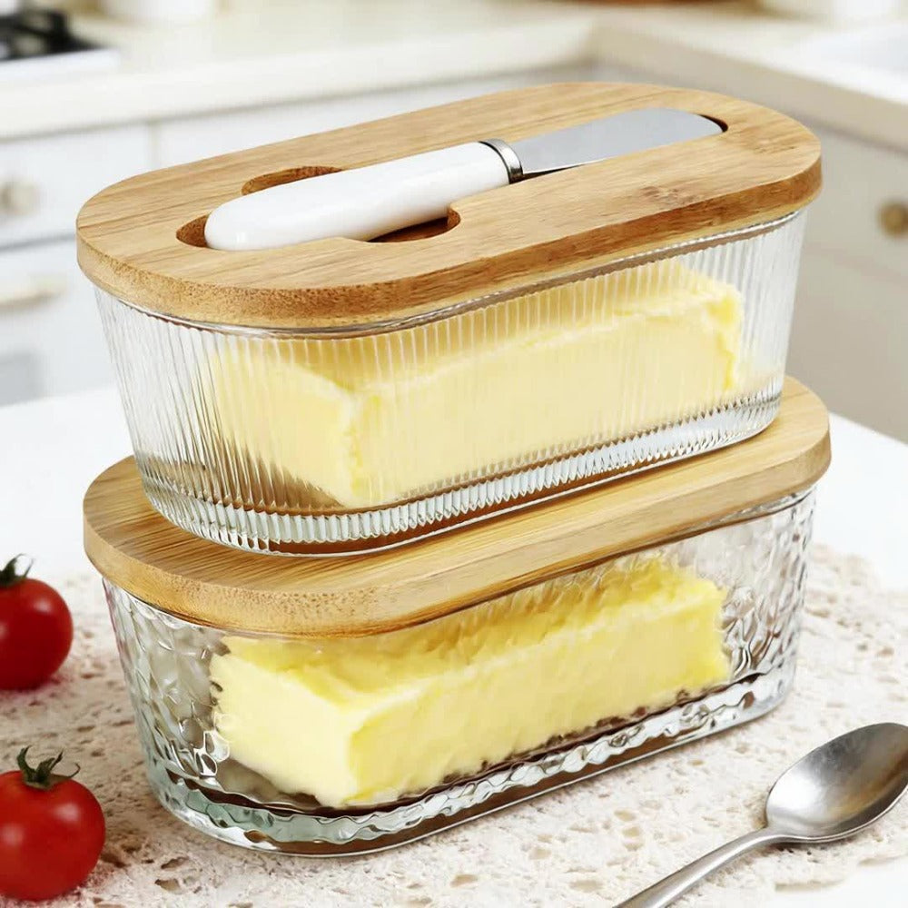 Glass Butter Dish with Airtight Sealed Lid | Butter Keeper for Countertop Refrigerator Fridge Door Storage Hygienic Covered Butter Tray Stripe Pattern Fresh Butter Container