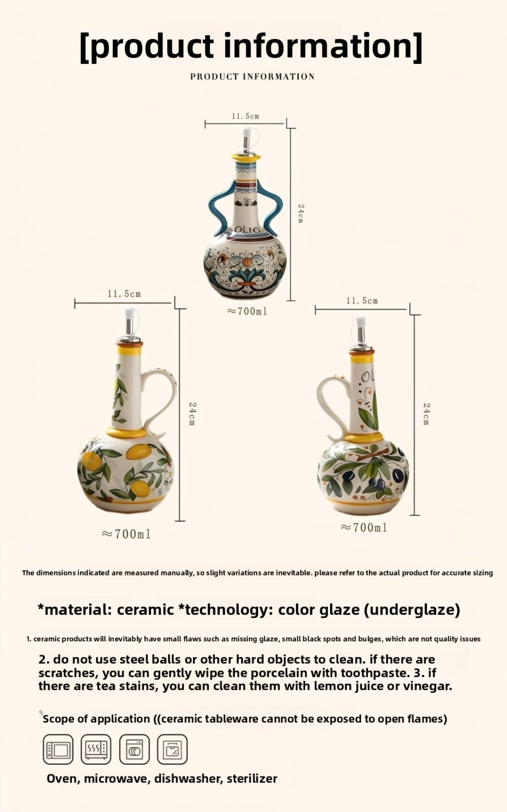Ceramic Oil and Vinegar Dispenser Set Hand-Painted Underglaze Anti-Drip Leak-Proof Kitchen Oil Bottle with Oil Spout and Foot Pad Olive Green Lemon Yellow