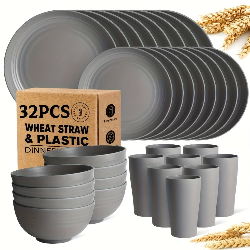 Wheat Straw Dinnerware Set 16 or 32 Piece ¨C Plates & Bowls for 4 or 8 People, Microwave & Dishwasher Safe Plastic Dish Set, Lightweight Colorful Tableware for Home, Party & Holiday