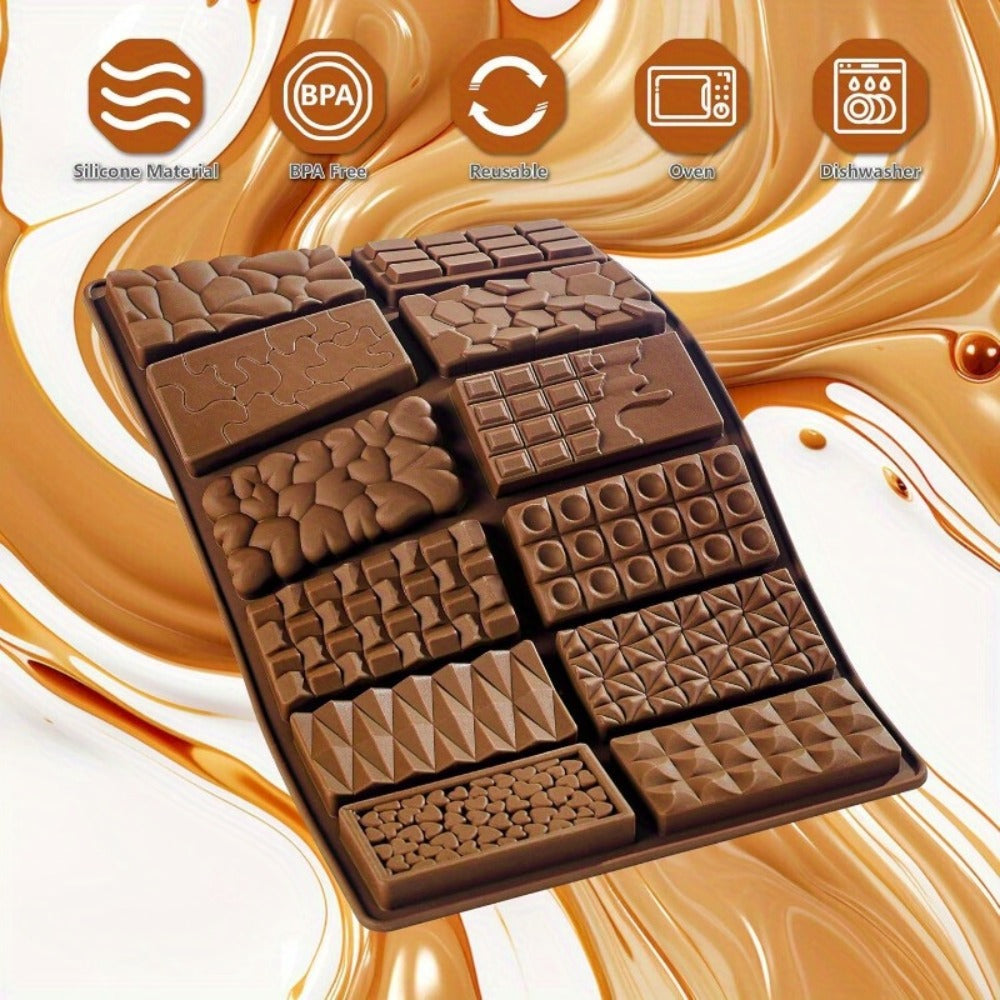 Silicone Chocolate Molds 3 Pack, 12 Cavity Food Grade BPA-Free Non-Stick Chocolate Bar Mold with Scraper, Easy Pop Out Candy Mold for Homemade Chocolate, Wax Melts, Soap, Valentine's Day, Thanksgiving