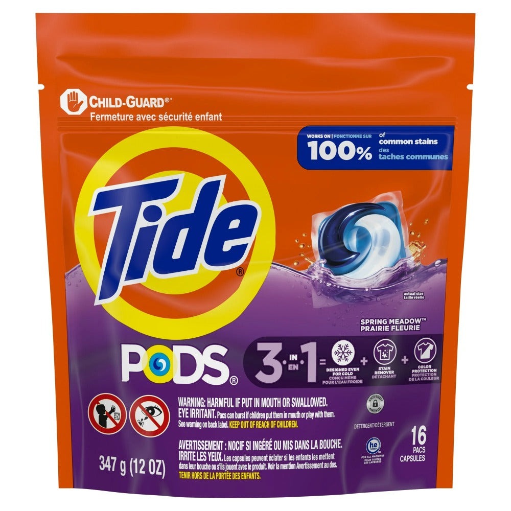 Tide PODS Liquid Laundry Detergent Packs Spring Meadow Scent 16 Count Pre-Measured Pods Stain Remover HE Compatible Top Load Front Load Washing Machine