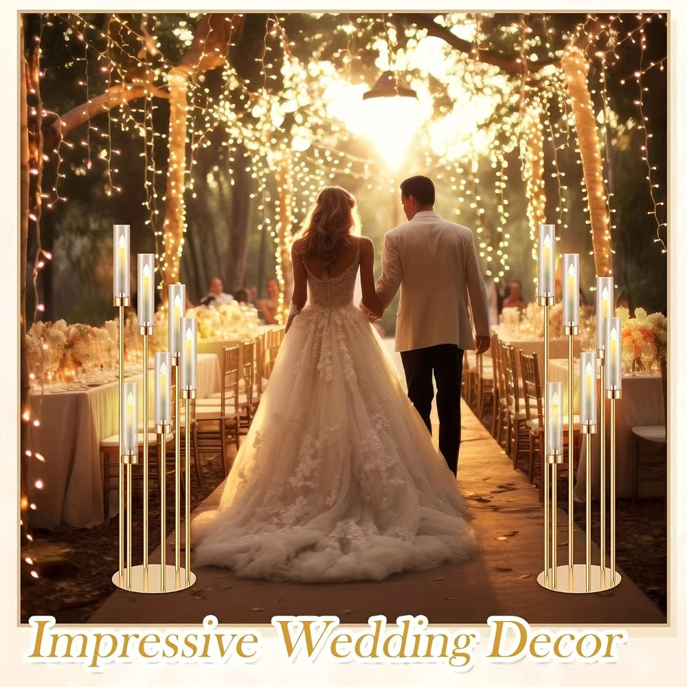 Floor Candelabra 6-Arm 46 Inch Gold Metal Candlestick Set with 12pcs LED Candles & Acrylic Shades, Tall Wedding Centerpiece Candle Holder for Valentine's Day Anniversary Party Home Decor