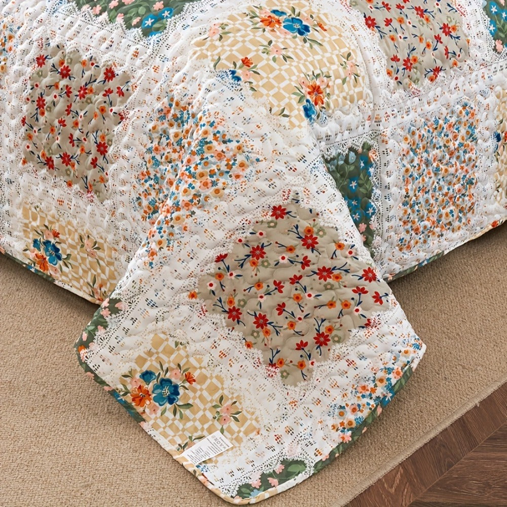 Quilt Set 2 3 Piece Lightweight Floral Patchwork Coverlet Bedding Set with Pillow Shams, Boho Quilted Bedspread for Twin Full Queen King, All Season Soft Cozy Bed Cover Green Blue Pink Grey