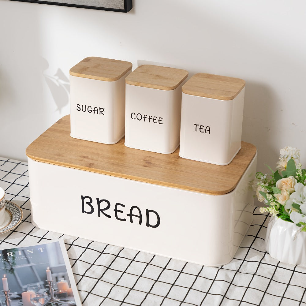 Bread Box with 3 Jars Set for Kitchen Countertop ¨C Metal Bread Box with Bamboo Board Cover, Coffee Sugar Tea Canisters, Large Capacity Farmhouse Food Storage Organizer