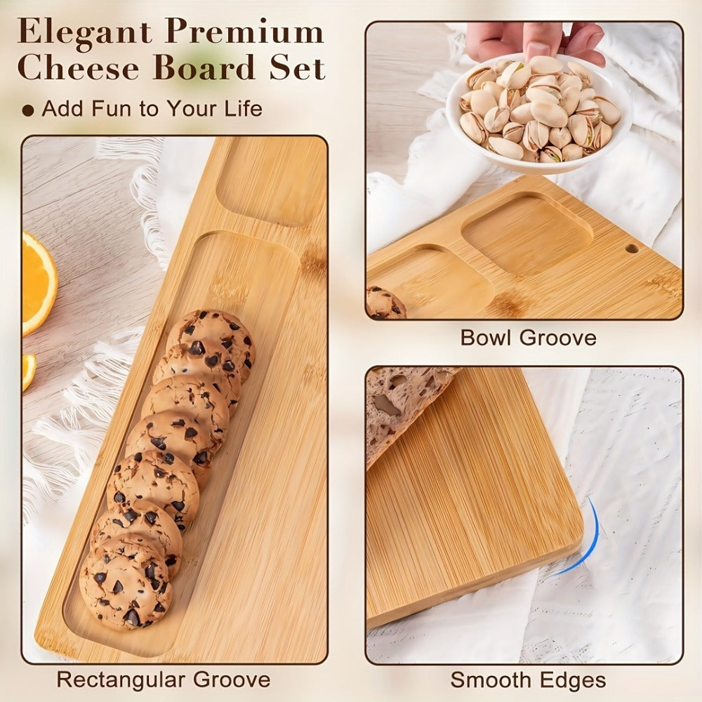 Charcuterie Board Set with Knives Large Bamboo Cheese Board Meat Platter Appetizer Tray with 4 Stainless Steel Knives Perfect for Party Wedding Christmas Birthday Gift