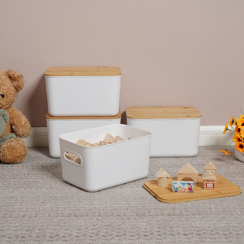 Plastic Storage Bins with Wood Lids Stackable Organizer with Handle and Labels for Home Office Kitchen Bedroom Closet Playroom 1 2 4 8 Pack