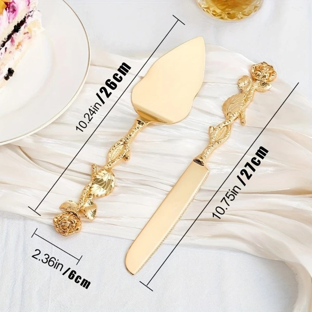 Cake Knife and Spatula Set with Rose Handle ¨C Silver-Plated Dessert Server Gift Box Set for Wedding, Birthday & Party