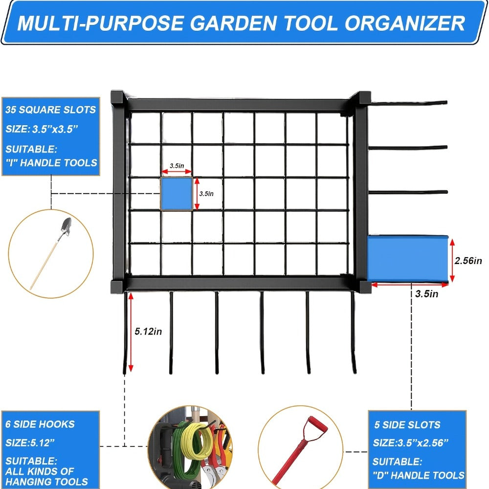 Tool Storage Rack with Storage Bag ¨C Metal Yard Tool Organizer for Garage Holds 35 Long-Handled Tools, Broom, Shovel, Rake Stand Holder, Heavy Duty Freestanding Garden Tool Rack for Outdoor & Yard, Black
