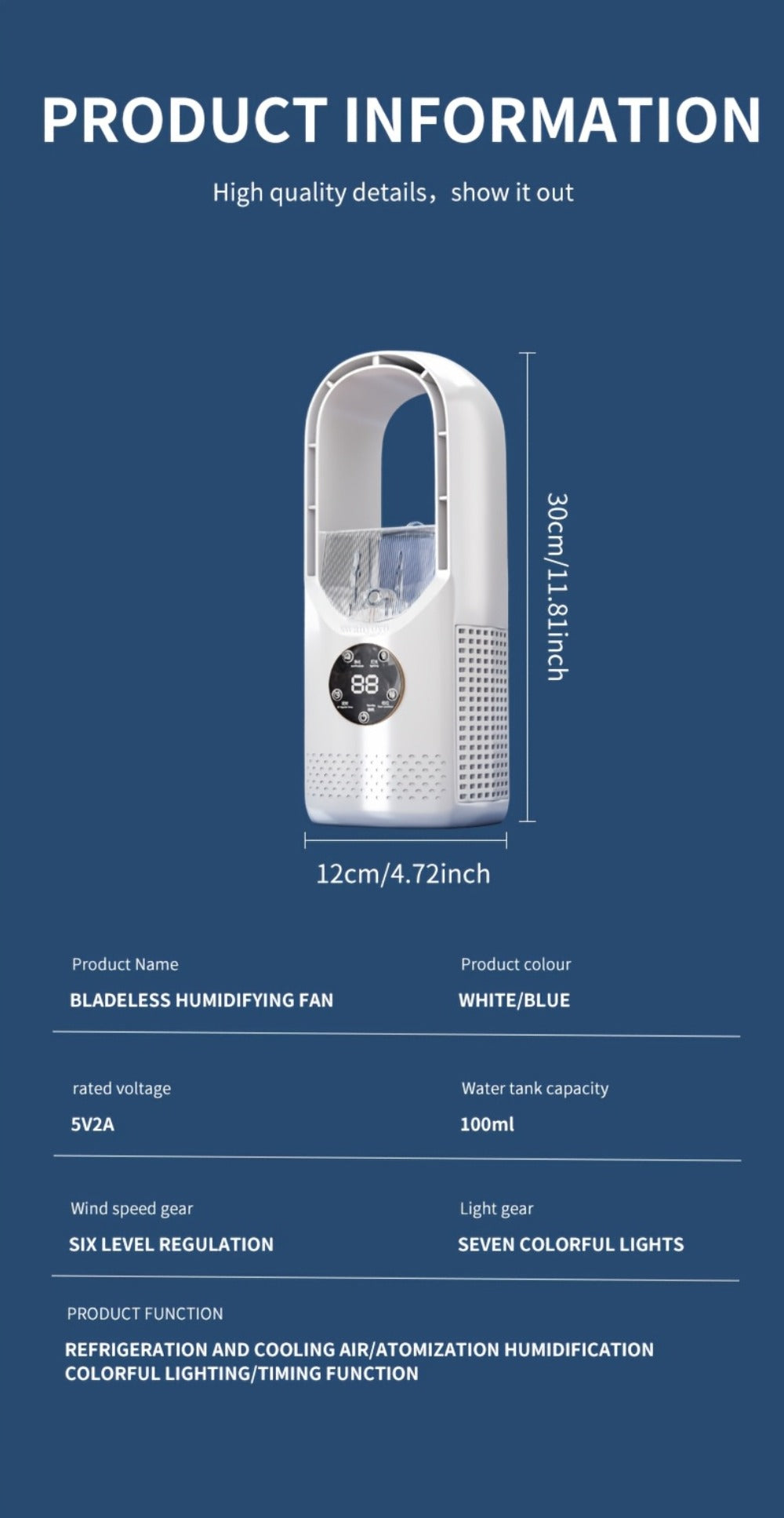 Portable Bladeless Fan USB Tower Fan, Desktop Air Conditioner Fan with Water Mist Cooling, Remote Control, Touch Screen, 7-Color LED Ambient Light and Timer, Personal Cooling Fan for Office, Travel, Camping, Home
