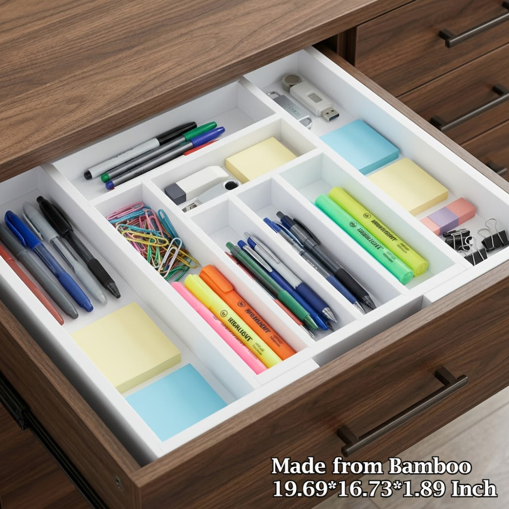 Expandable Cutlery Tray Drawer Organizer Adjustable Silverware Holder with Labels | Kitchen Drawer Organizer for Knives Forks Spoons Utensils | Bamboo & Black Drawer Divider for Kitchen Bedroom Office