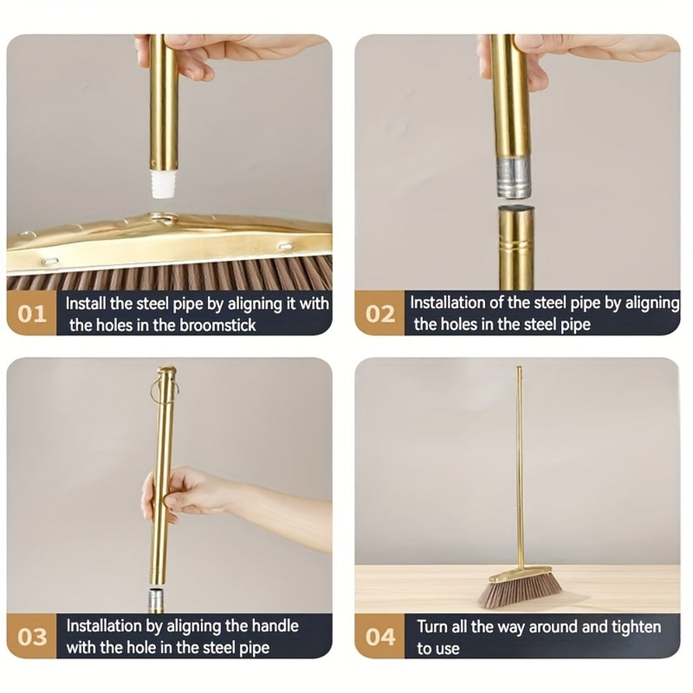 Broom and Dustpan Set Premium Golden Stainless Steel Extra Long Handle Microfiber Bristles V-Shape Leakproof Dustpan Heavy Duty Indoor Outdoor Sweeper for Kitchen Patio Hardwood Tile Floor