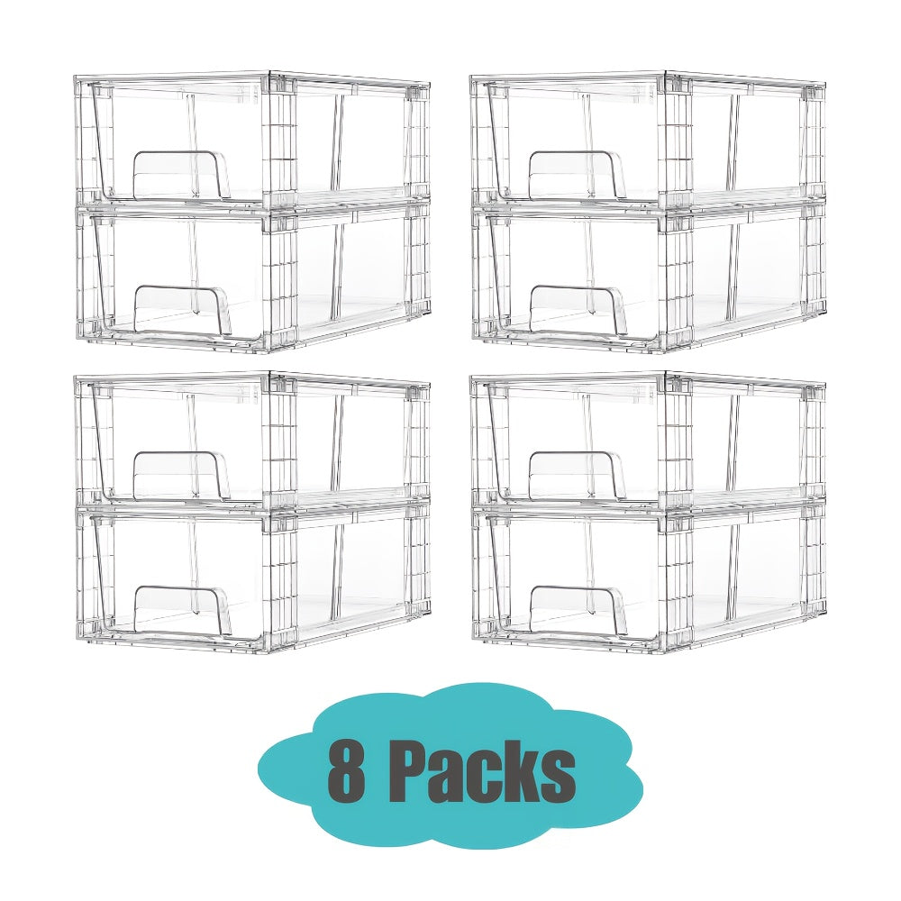 Clear Acrylic Storage Drawers with Handles - Stackable Refrigerator and Pantry Organizer Bins for Snacks Fruits and Vegetables, Food Safe Pull-Out Drawer Bins for Fridge Kitchen Cabinet Under Sink and Bathroom, Available in 4, 6, 8 or 10 Pack