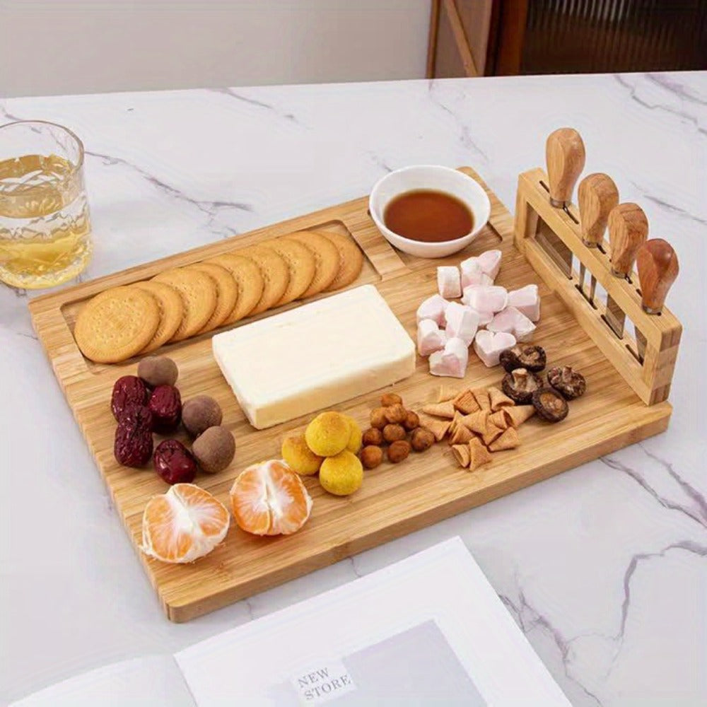 Charcuterie Board Set with Knives Large Bamboo Cheese Board Meat Platter Appetizer Tray with 4 Stainless Steel Knives Perfect for Party Wedding Christmas Birthday Gift