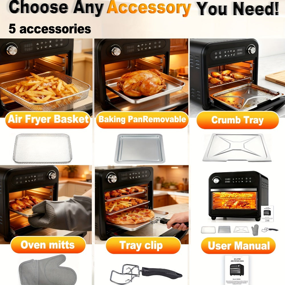Air Fryer Toaster Oven Combo 15QT Extra Large, 360¡ã Convection, LED Digital Display, Precise Temperature Control ¨C Stainless Steel Interior, 5 Accessories, Healthy Low-Oil Cooking for Family Kitchen