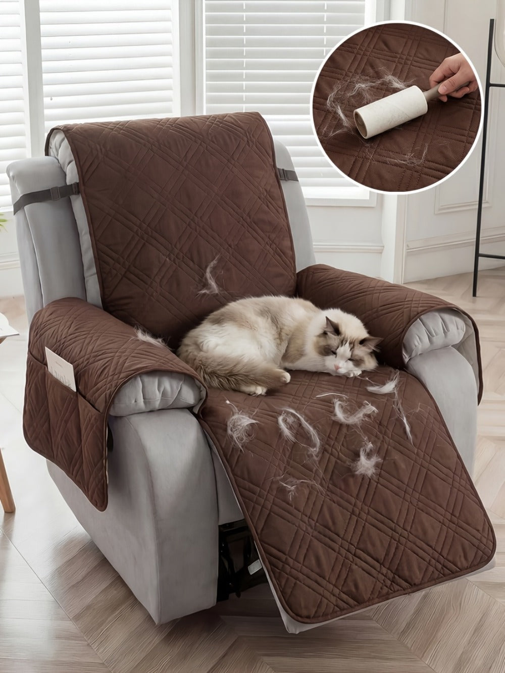 Recliner Cover Quilted with Side Pocket - Anti-Slip Elastic Band Pet Friendly Sofa Chair Protective Slipcover Easy Install for Living Room Home Decor, 6 Colors