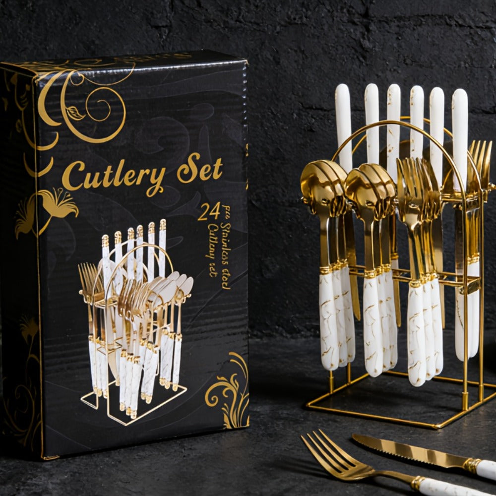 Stainless Steel Flatware Set 24pcs Marbled Handle Knives Forks Spoons with Gift Box & Storage Rack