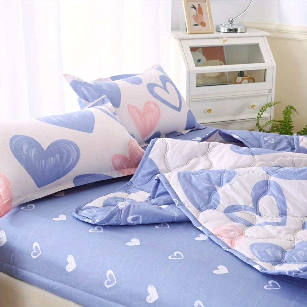 Summer Cooling Quilt Set 3-Piece, Skin-Friendly Thin Comforter with Embossed Print, Soft Breathable Four-Season Lightweight Quilt + 2 Pillowcases for Bedroom Hotel Sofa Single Double Full
