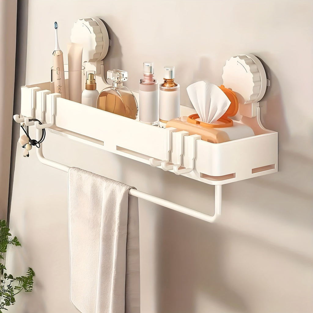 Suction Cup Shower Caddy with Towel Holder Bar, Wall-Mounted Bathroom Shelf Organizer for Shampoo Soap, Heavy-Duty Floating Shower Shelves, Strong Adhesive No Drilling