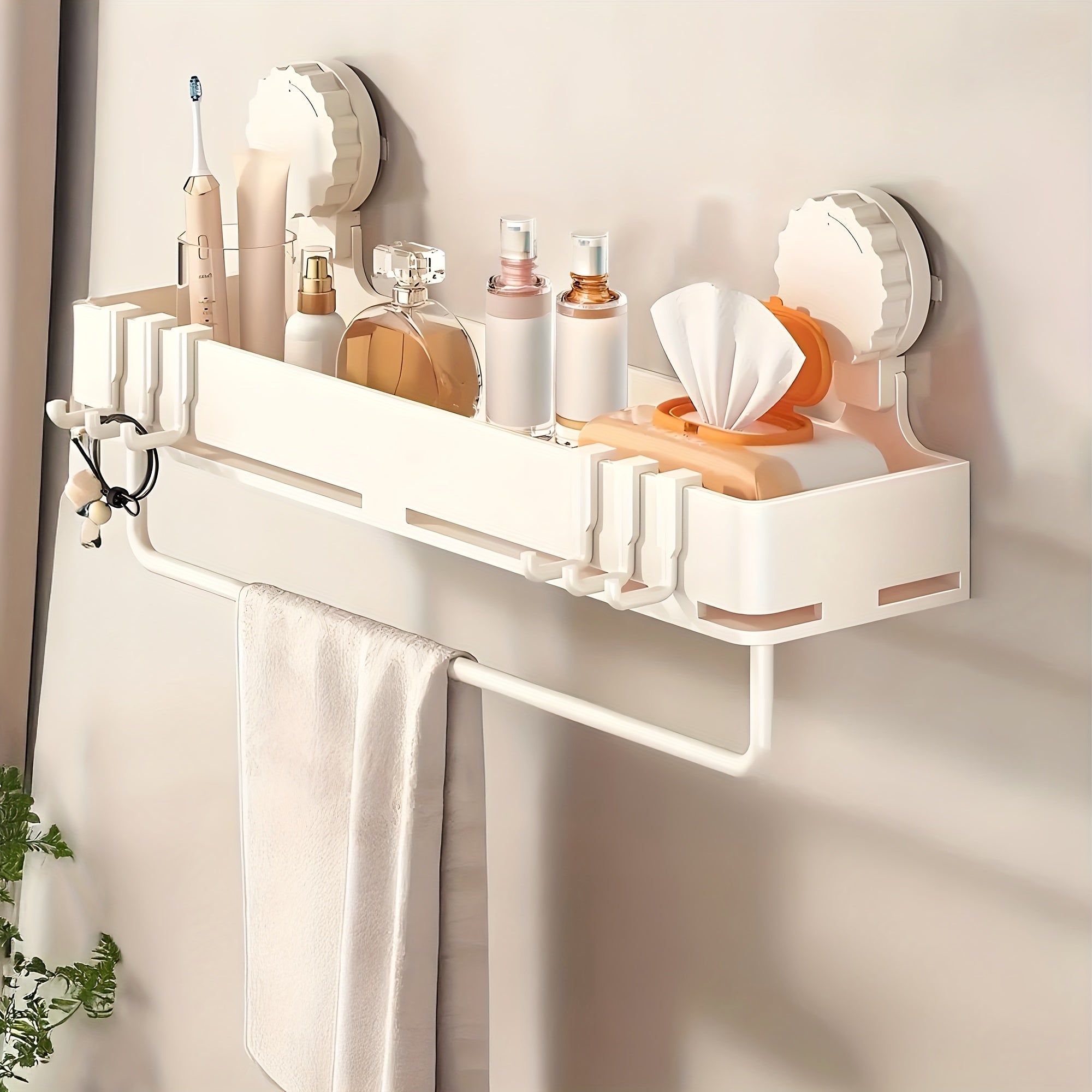 Suction Cup Shower Caddy with Towel Holder Bar, Wall-Mounted Bathroom Shelf Organizer for Shampoo Soap, Heavy-Duty Floating Shower Shelves, Strong Adhesive No Drilling