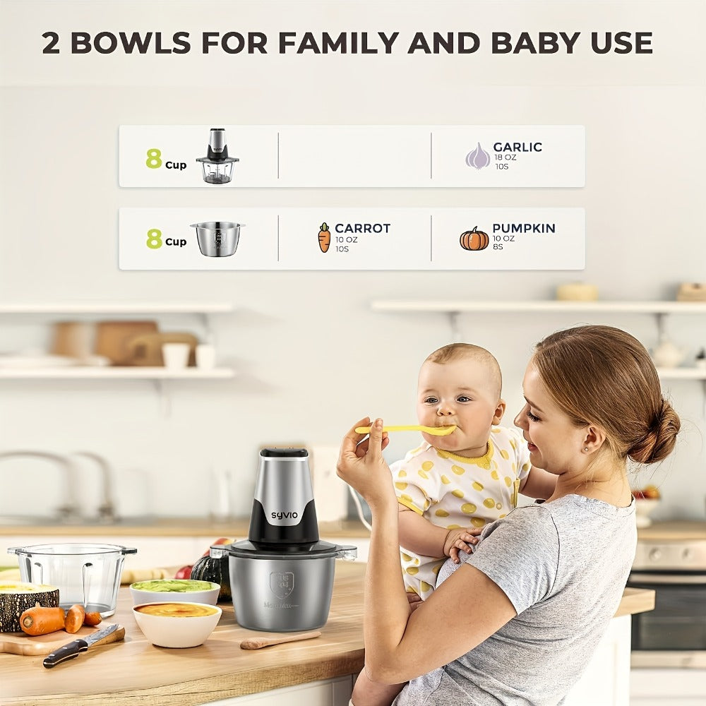 Mini Electric Food Processor 450W with 2 Bowls & 4 Bi-Level Blades, Meat Grinder & Vegetable Chopper for Baby Food, Onion, Meat & Herbs, 2-Speed 8-Cup Food Chopper, Black