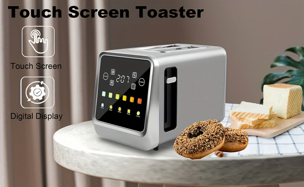 Digital Touch Screen Toaster 2 Slice Stainless Steel with 5 Bread Functions 7 Shade Settings Bagel Defrost Reheat Cancel Removable Crumb Tray LED Display Kitchen Toaster