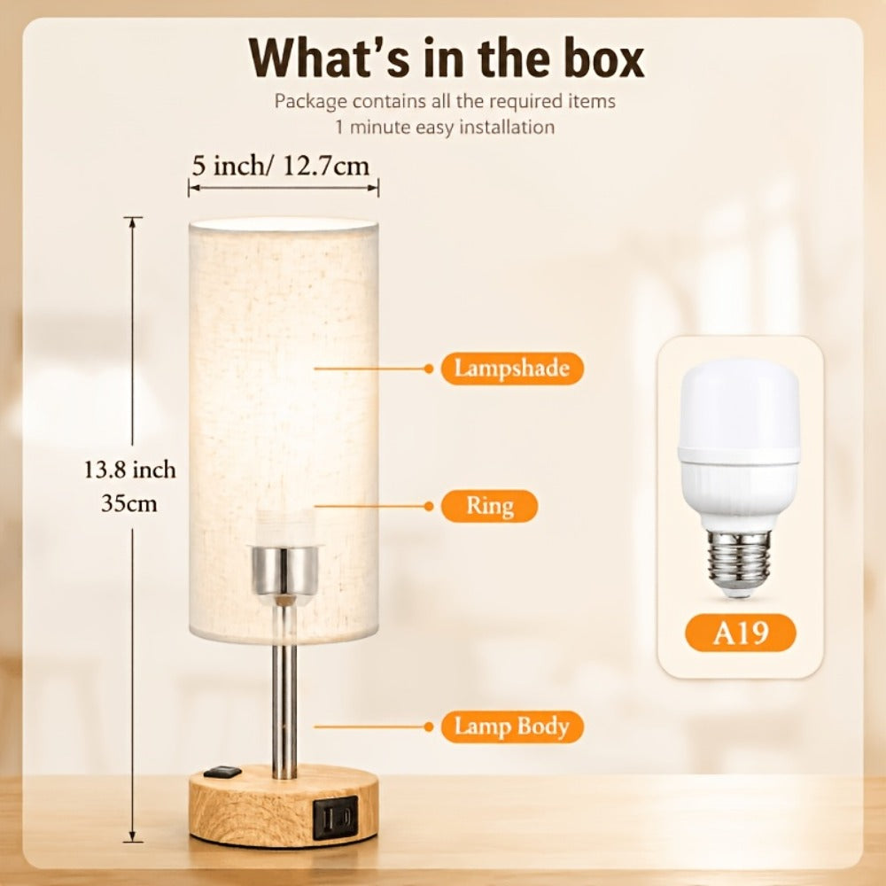Dimmable Table Lamp with USB Charging Ports & AC Outlet - 3-Way Touch Control Bedside Nightstand Lamp, 6W LED Bulb Included, Wood & Metal Base, Modern Desk Light for Bedroom, Living Room & Office (1 or 2 Pack)