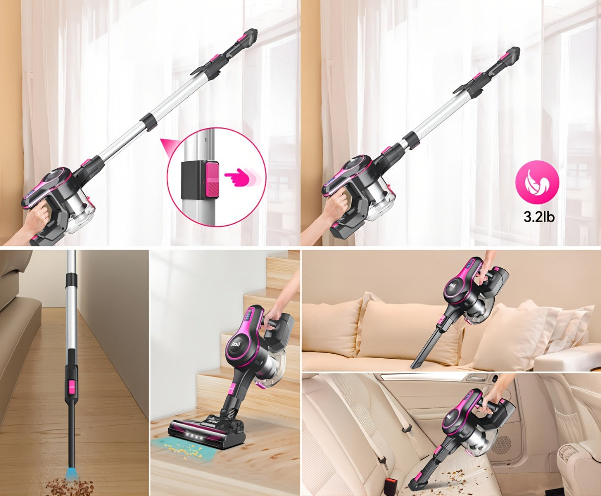 Cordless Vacuum Cleaner 2-in-1 Corded 70KPA Powerful Suction | 6-in-1 Handheld Vacuum with Detachable Battery 45-Min Runtime LED Brush Head 50.5oz Dust Cup | For Hardwood Floor Carpet Pet Hair Home Car