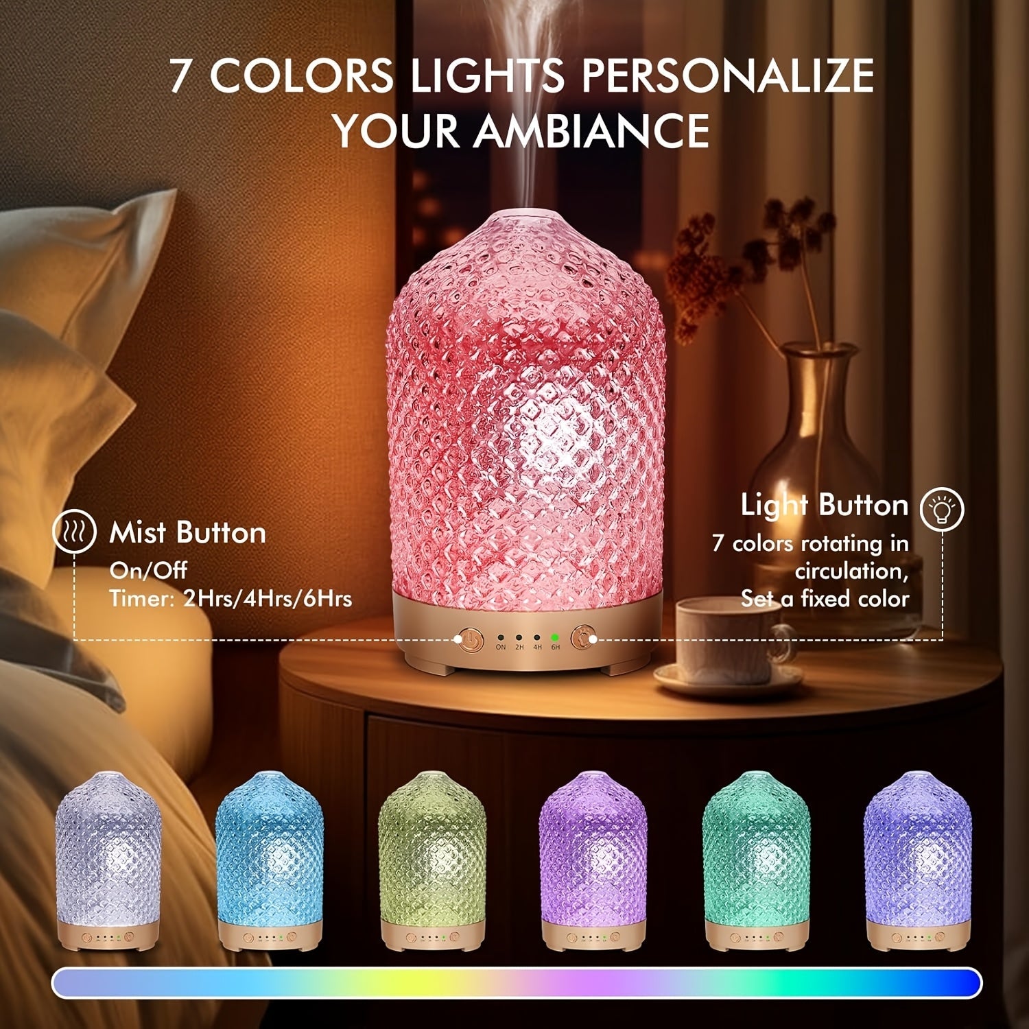 Essential Oil Diffuser Aromatherapy Humidifier with 7 Color LED Lights, Whisper-Quiet Operation, Auto Timer & Shut-Off, Cool Mist for Bedroom, Office, Yoga, Sleep ¡ª 200ml & 6.76oz Options