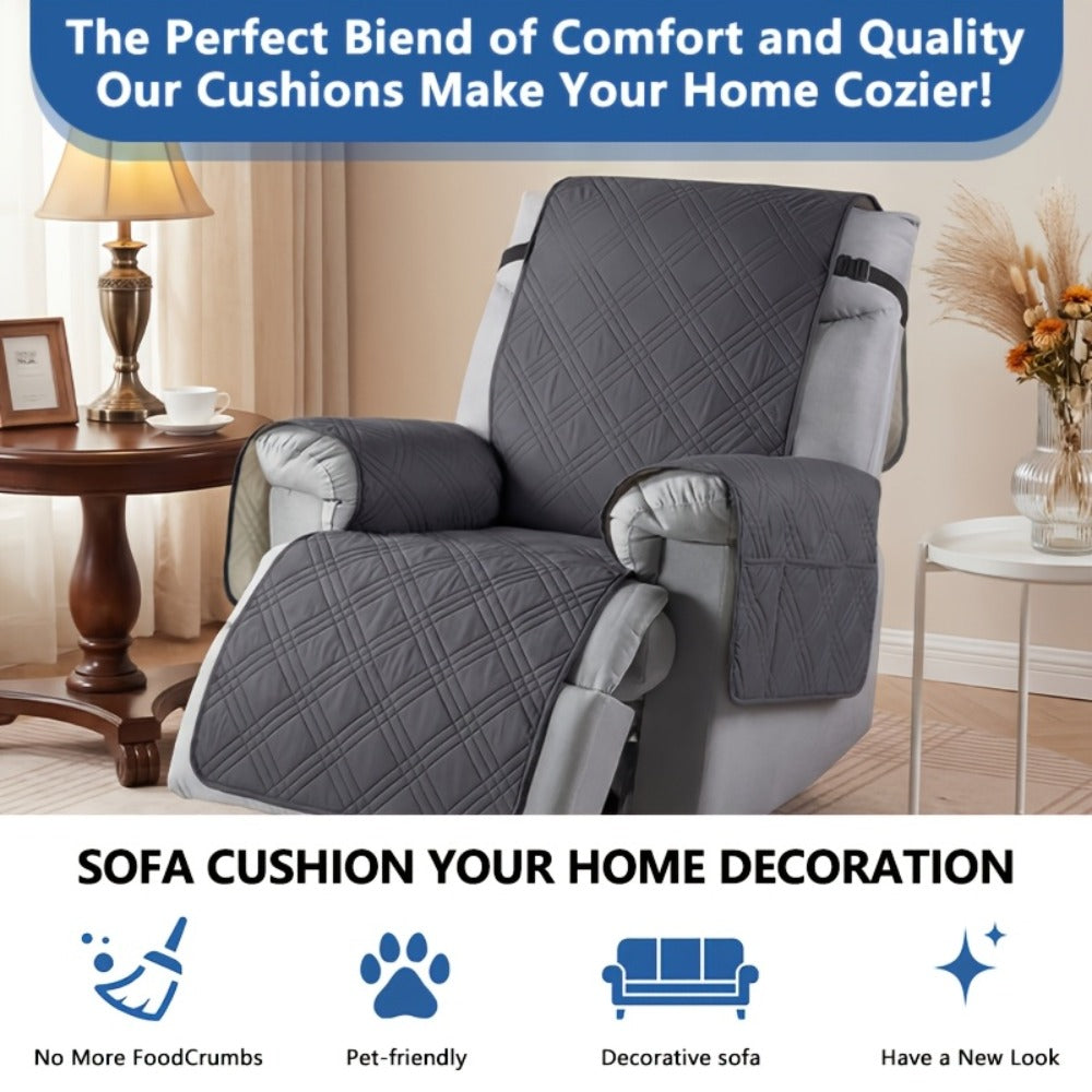 Recliner Cover Quilted with Side Pocket - Anti-Slip Elastic Band Pet Friendly Sofa Chair Protective Slipcover Easy Install for Living Room Home Decor, 6 Colors