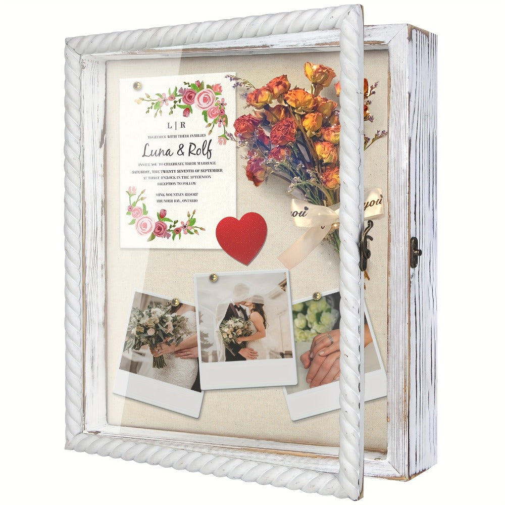 Shadow Box Frame with Linen Back ¨C Large Rustic Memory Display Case 11x14 & 12x16 Inch for Photos, Medals, Coins, Pins, Flowers & Collectibles, 4 Removable Shelves, Black White Brown