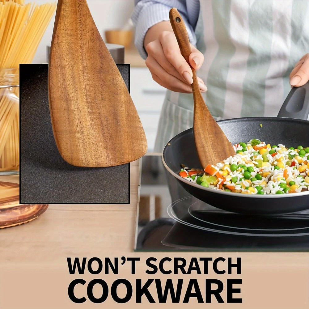 Wooden Kitchen Utensils Set ¨C Natural Wood Spoon Spatula & Wok Spatula with Ergonomic Handle, Heat-Resistant Non-Stick Safe Cooking Tools, Easy to Clean Durable Kitchen Essentials (5 / 6 / 10 Piece Sets)