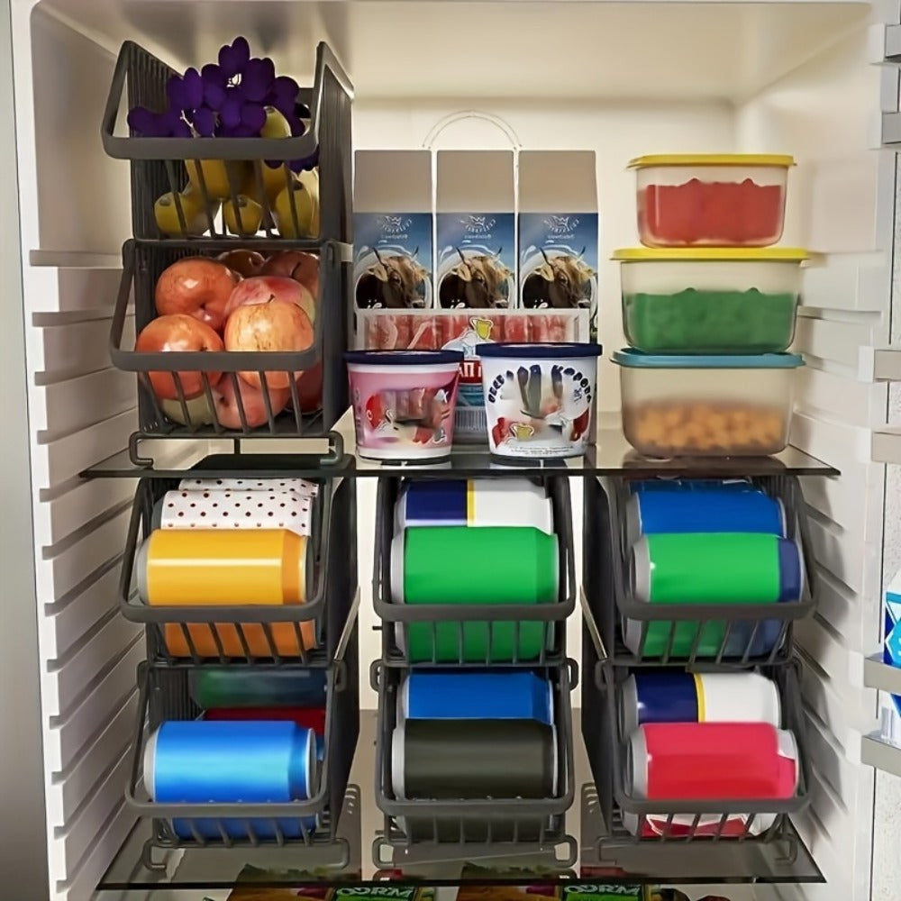 Stackable Can Organizer for Refrigerator 6-Pack | Metal Soda Can Holder Dispenser Storage Rack for Kitchen Pantry Cabinet Countertop, Black