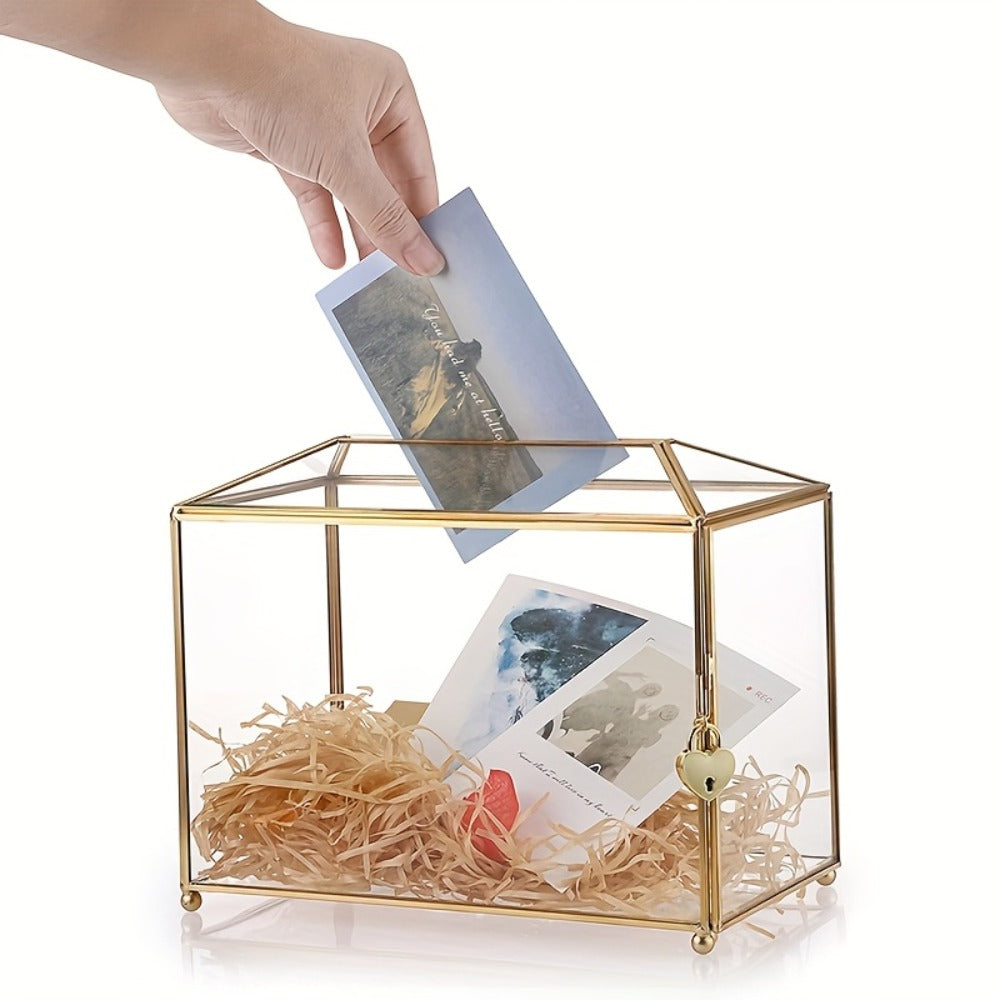 Wedding Card Box with Lock Glass Gold Transparent Slot Lid 10.2x5.9x8.3 In Holds 100 Cards for Wedding Baby Shower Birthday Party