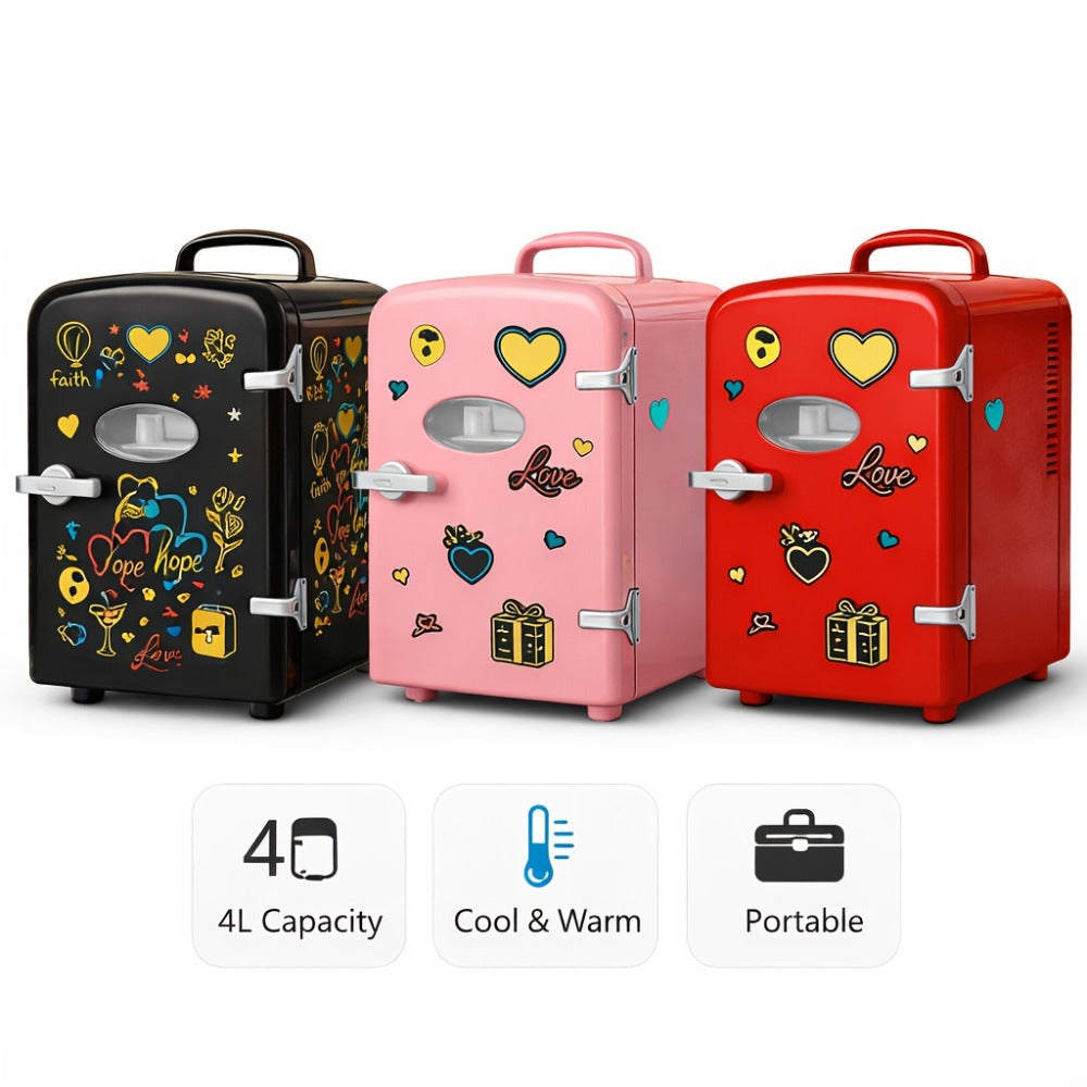 Aesthetic Mini Fridge 4 Liter with Stickers - Portable Cooler and Warmer for 6 Cans, AC/DC Compact Refrigerator for Bedroom, Office, Dorm & Car, Cute Mini Fridge Gift for Friends, Black Pink Red