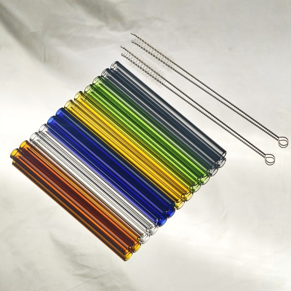 Glass Straws Reusable 12 Pack with Cleaning Brushes - Borosilicate Glass Drinking Straws 6 or 8 Inch, Clear & Colorful, Thick 12mm, Dishwasher Safe for Smoothies, Juice, Coffee & Cocktails