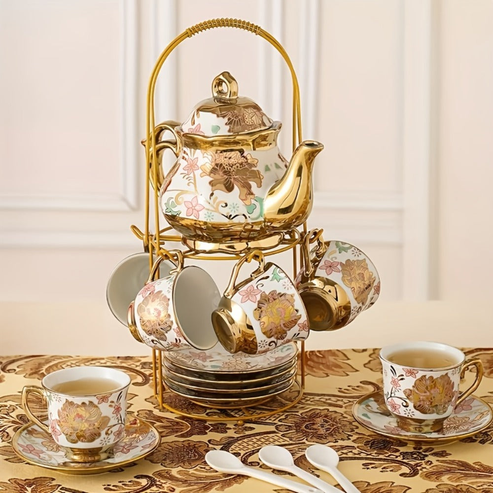 European Floral Ceramic Tea Set 20 Pcs ¨C Italian Style Afternoon Tea Set with Metal Stand ¨C Blooming Pattern Teapot & Cups ¨C Elegant Gift for Tea Lovers & Special Occasions ¨C Golden