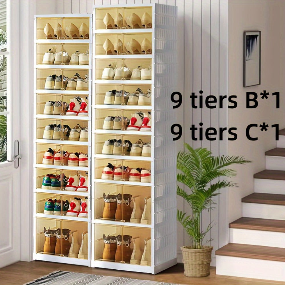 Shoe Rack Organizer 9-Tier, Collapsible Clear Plastic Foldable Stackable Shoe Cabinet with Shelves & Doors ¡ª No Assembly, Space-Saving Narrow Storage for Hallway, Apartment & Small Spaces