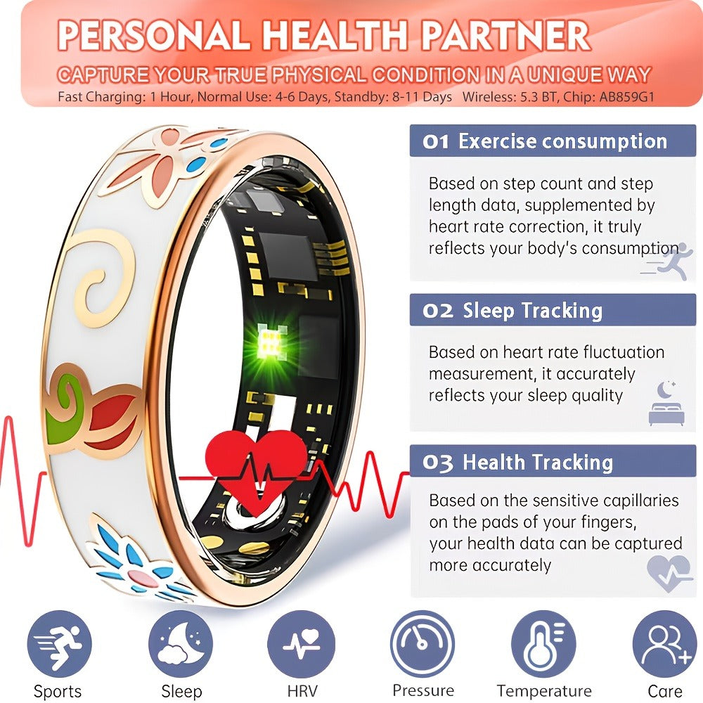 Women's Smart Ring Fitness & Sleep Tracker ¨C Step, Distance & Calorie Monitor, IP68 Waterproof, Bluetooth 5.3, iOS & Android, Elegant Daily Accessory, Gift for Mom & Girlfriend