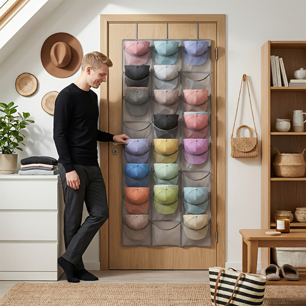 Over the Door Hat Organizer 24 Pocket - Baseball Cap Rack with Large Clear Pockets and 3 Hooks for Hat Storage Protection and Display in Closet