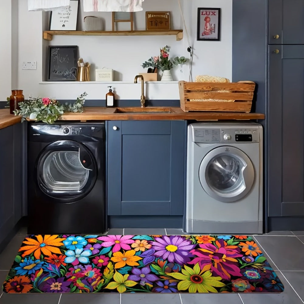 Kitchen Mat Floral Design ¨C Soft Non-Slip Rectangular Rug, Machine Washable 100% Polyester Floor Mat for Kitchen, Bathroom, Laundry Room, Living Room & Bedroom
