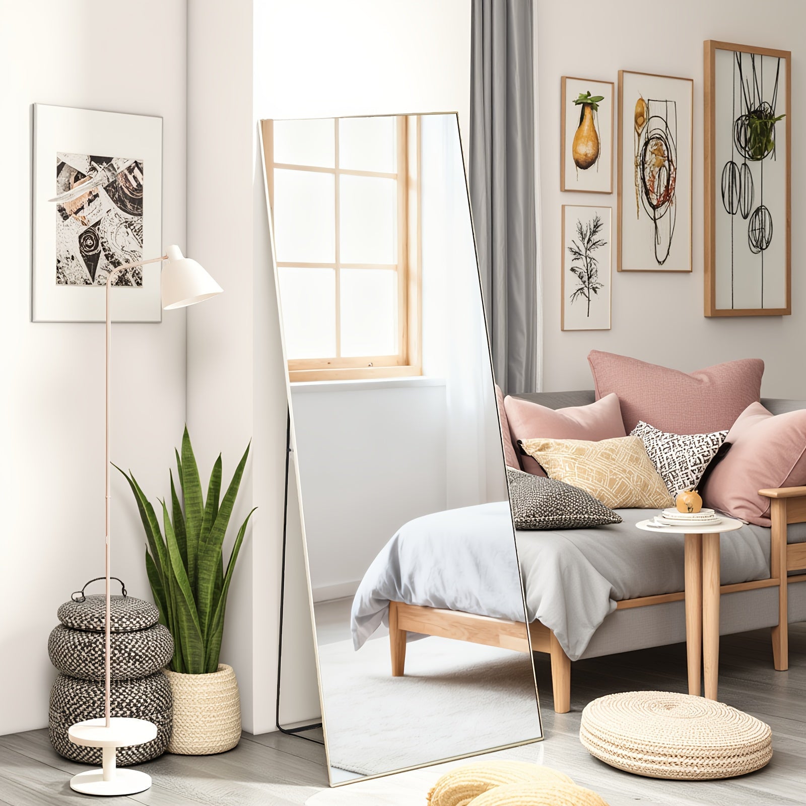 Full Length Mirror Floor Standing, Arched & Rect Body Mirror with Stand, Hanging or Leaning Wall Mirror, Aluminum Alloy Thin Frame for Bedroom Hotel Bathroom