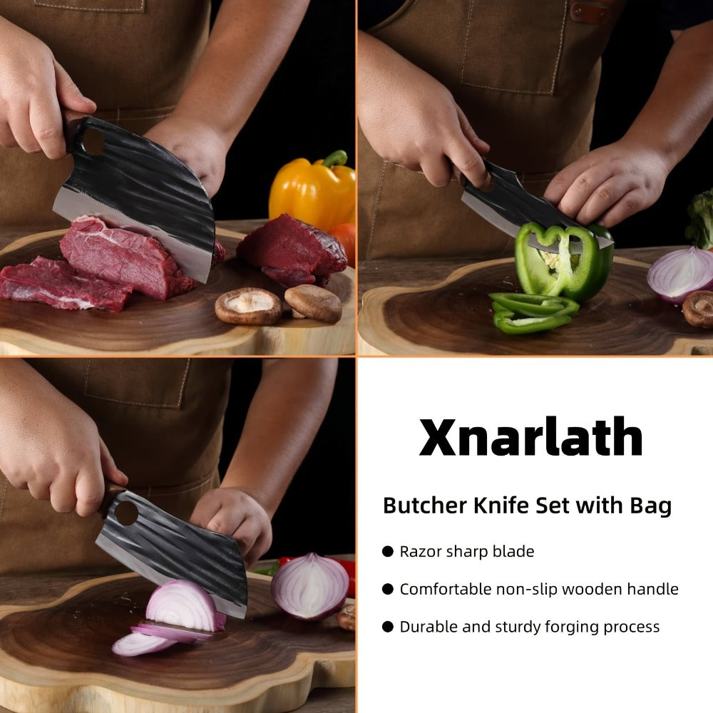 Viking Hand-Forged Butcher Knife Set ¨C High Carbon Steel Meat Cleaver, Boning & Carving Knife, Vegetable Knife for BBQ & Camping, with Carrying Case