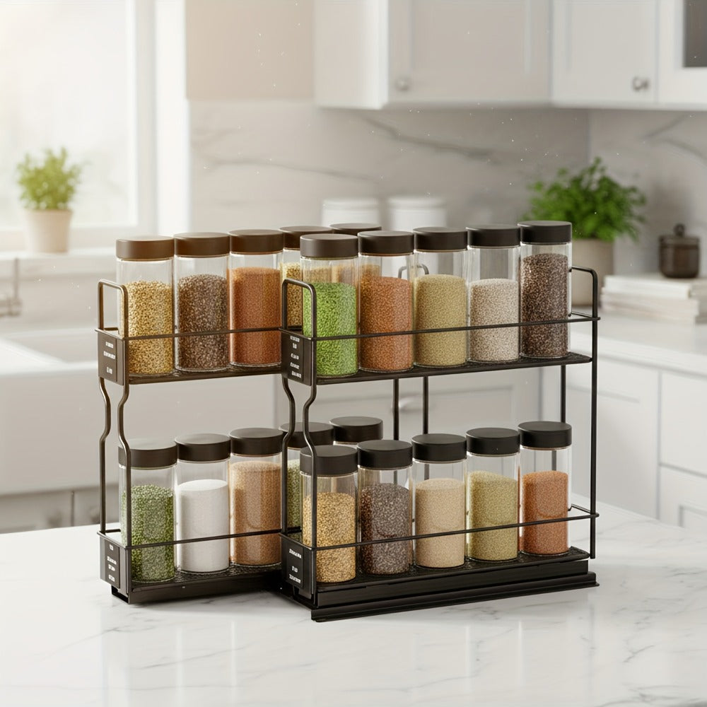 Spice Rack Organizer for Cabinet 2-Tier Heavy Duty Slide-Out Drawers with 415 Labels Steel Pull-Out Spice Drawer for Kitchen Cabinet Space-Saving Seasoning Storage