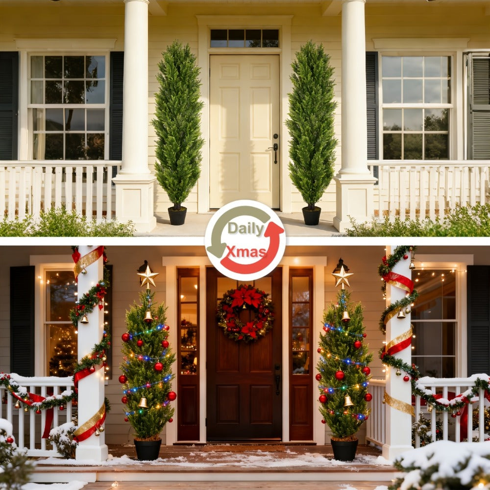 Artificial Cedar Topiary Trees 2 Pack UV Resistant Faux Greenery for Indoor Outdoor Patio Garden Office Entryway Decor 4FT 5FT 6FT
