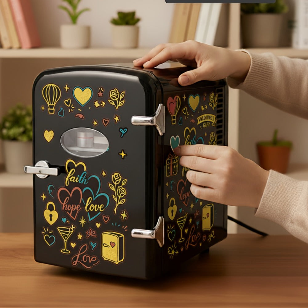 Aesthetic Mini Fridge 4 Liter with Stickers - Portable Cooler and Warmer for 6 Cans, AC/DC Compact Refrigerator for Bedroom, Office, Dorm & Car, Cute Mini Fridge Gift for Friends, Black Pink Red