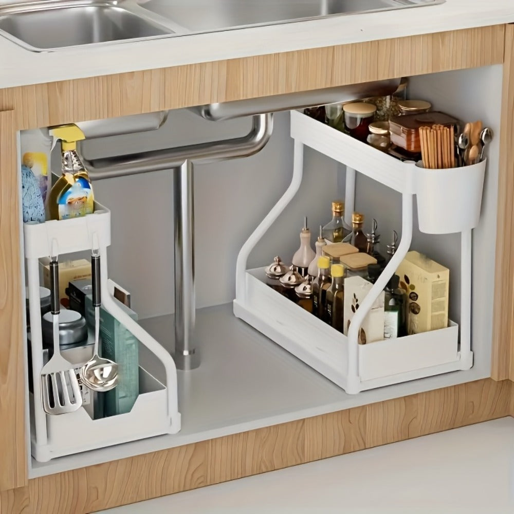 Under Sink Organizer 2pcs with Sliding Shelves ¨C Durable Pull-Out Cabinet Storage for Bathroom Kitchen Space Saving Vertical Design