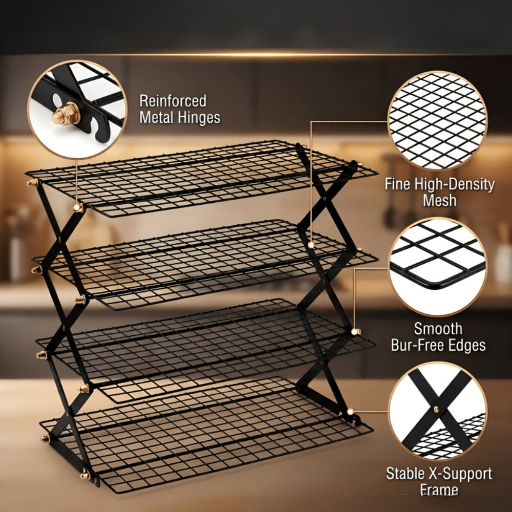 Foldable Cooling Rack for Baking, Stackable Wire Baking Rack with 4-Position Height Adjustment, Collapsible Metal Drying Rack for Cookies Cakes Bread, Camping Grill Rack